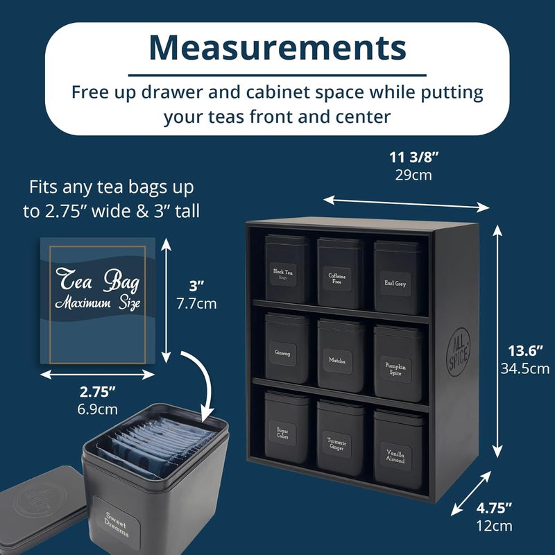 AllSpice Tea Organizer Rack with 9 Tins & 160 Magnetic Labels – Perfect for Bagged & Loose Leaf Tea Organization - Black - Image 4